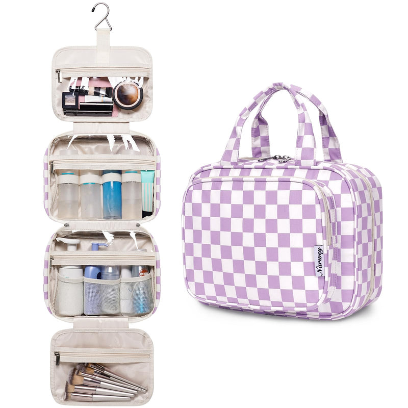 Narwey Checkered Makeup Bag with Hanging Toiletry Bag for Women