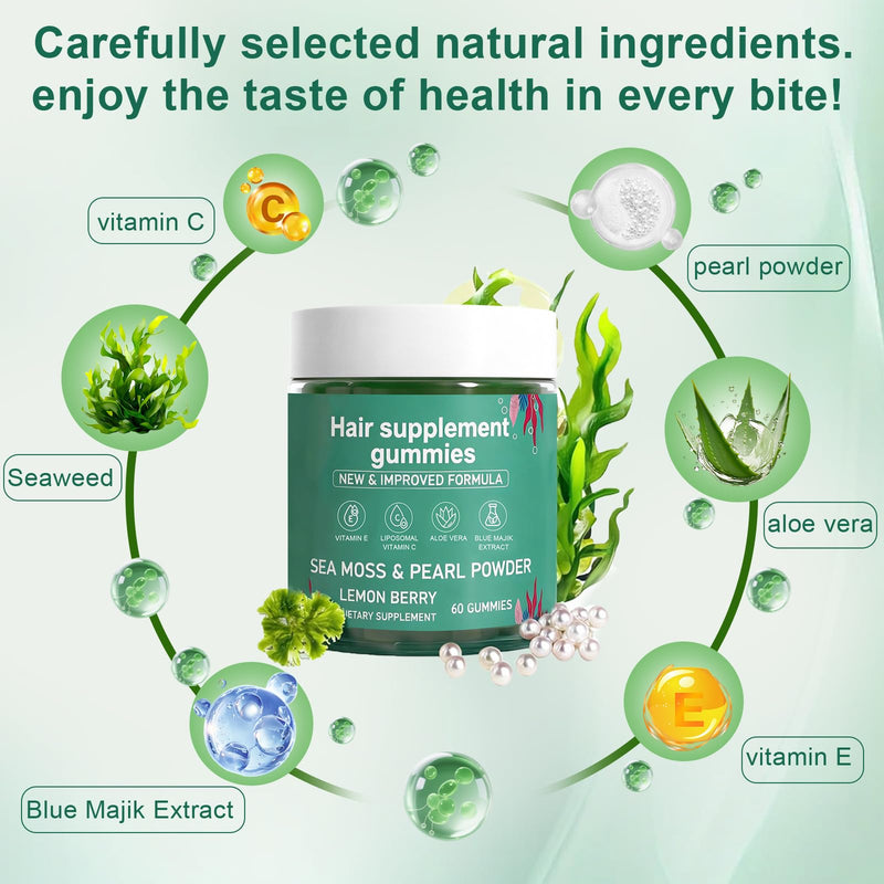 Hair Loss Gummies,Sea Moss Gummies with Vitamin C, Vitamin E, Aloe Vera, Pearl Powder Support Faster Hair Growth,Enhance Nail Elasticity,Promot Radiant Skin,Gluten-Free - 60 Count