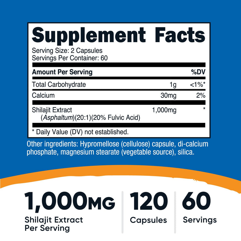 [Australia] - Nutricost Shilajit Capsules (1,000 mg Per Serving) (120 Capsules) - Shilajit Extract with Naturally Occuring Fulvic Acid, 60 Servings, Gluten Free, Non-GMO, Vegan Friendly Dietary Supplement 