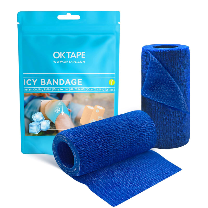 OK TAPE 2 Rolls Ice Self Stick Bandage Wrap, Instant Cold Relief for Knee, Ankle, Wrist, Cold Compress Elastic Athletic Tape for Sports Injuries, No Refrigeration Needed, 4 Inch Wide, Navy Blue