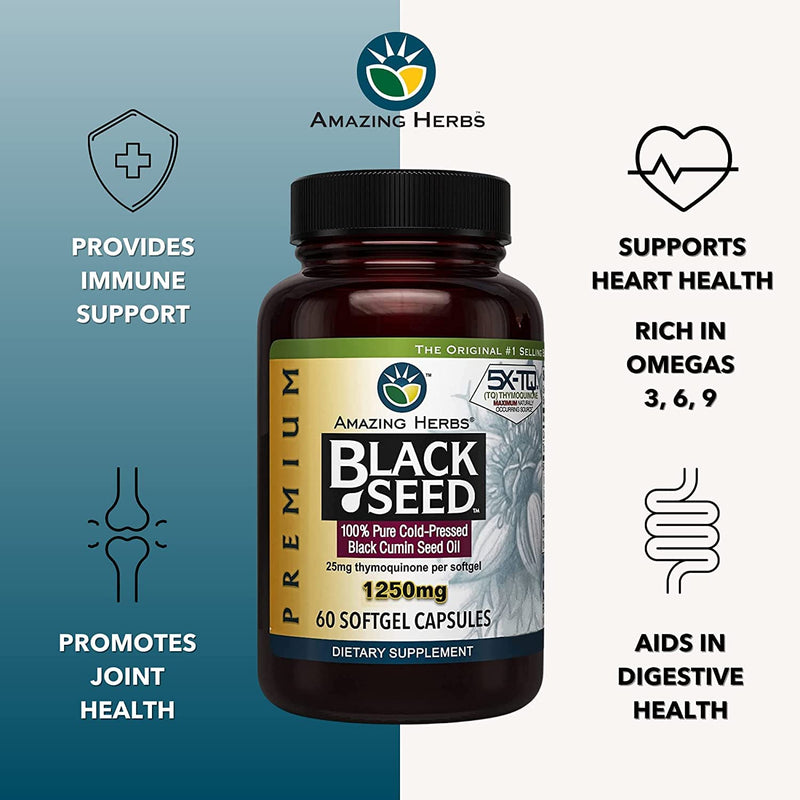 [Australia] - Amazing Herbs Premium Black Seed Oil Capsules - High Potency, Cold Pressed Nigella Sativa Aids in Digestive Health, Immune Support & Brain Function - 60 Count, 1250mg (Pack of 2) 60 Count (Pack of 2) 