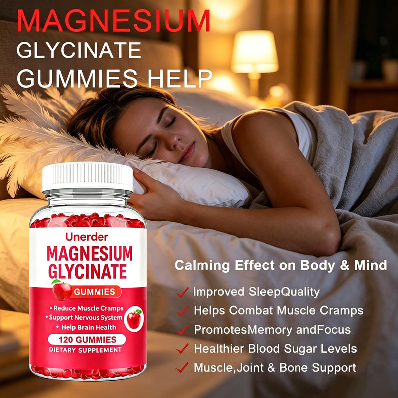 Magnesium Glycinate Gummies - 400mg High Absorption Formula for Sleep, Stress Relief & Muscle Health - Apple Flavor, 60 Days Supply for Adults,Non-GMO,120 Gummies