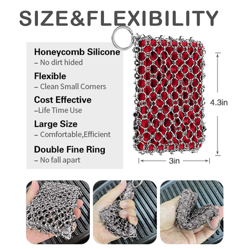[Australia] - Herda 316L Cast Iron Scrubber Cleaner, Large Chainmail Scrubber for Cast Iron Pan - Chain Mail Scrubber Cast Iron Sponge - Metal Cast Iron Skillet Scrubber, Wok, Dutch Oven Cast Iron Cleaning Kit Red 
