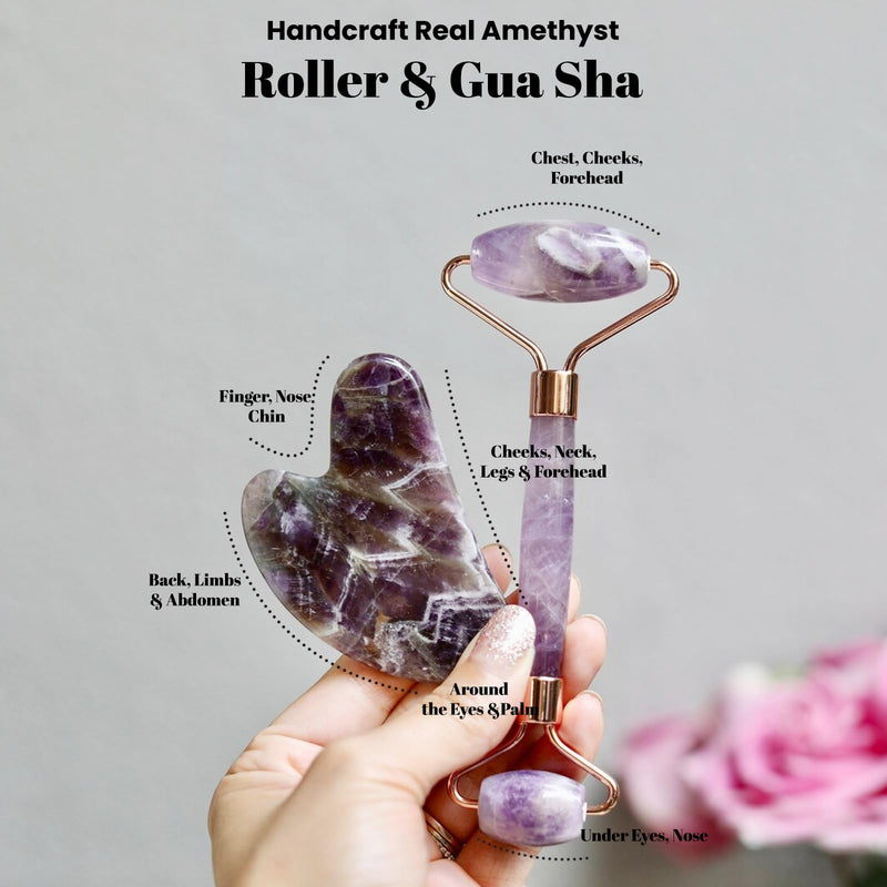 ROSELYNBOUTIQUE Gua Sha Facial Tools & Face Roller Original Face Massager for Puffiness Wrinkless Skin Care Routine - Self Care Gift for Men Women (Amethyst) Amethyst