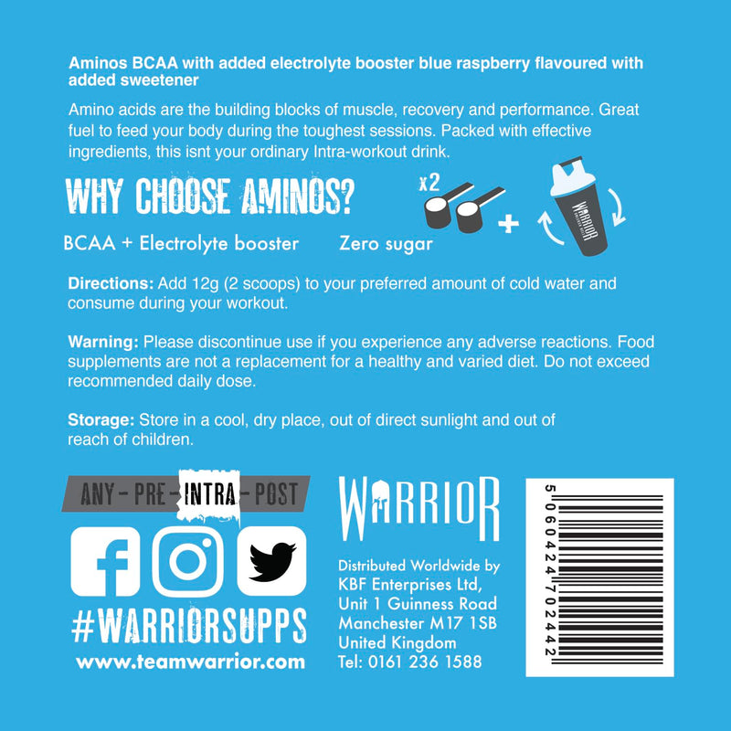 Warrior Aminos + Electrolyte Powder 360g - Amino Acid (BCAA) Hydration Formula for Performance & Recovery - Supplement for Intra or Post Workout - 30 Servings (Blazin Blue Raz) Blue Raspberry