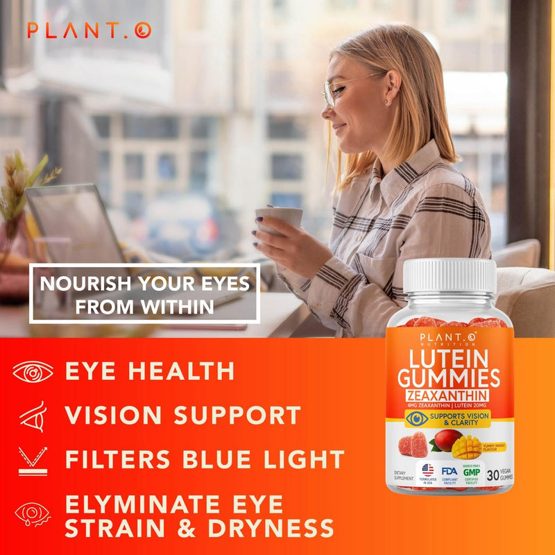 PLANT.O NUTRITION Lutein & Zeaxanthin Gummies - Delicious Vegan Eye Health Vitamins Clinically Studied 20mg Lutein and Zeaxanthin for Vision Clarity Dry Eye Relief and Blue Light Support (Pack of 2) 30 Count (Pack of 2)