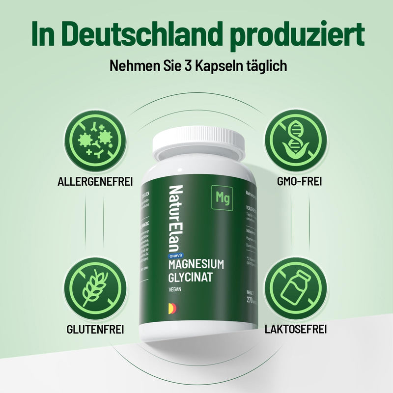 Magnesium Glycinate High Dose Capsules - 270 Vegan Capsules, 770mg mag glycinate per Capsule, Including 100mg Elemental Magnesium, Produced in Germany