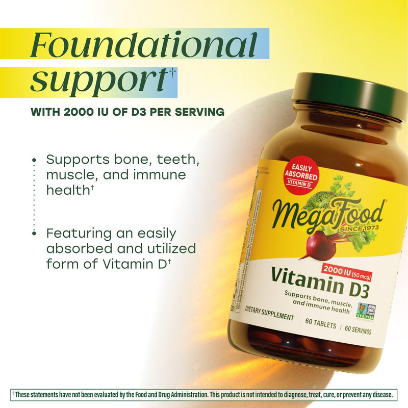MegaFood Vitamin D3 2000 IU (50 mcg), Bone & Immune Health, 60 Tablets | Vitamin D3 Daily Support for Bone, Teeth, Muscle & Immune Health, Plus Real Food, Non-GMO, Vegetarian, 60 Servings 60 Count (Pack of 1)