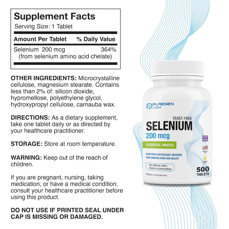 [Australia] - Puregen Labs Selenium 200 mcg Yeast Free Essential Mineral - 500 Vegetarian Tablets | Immune & Antioxidant Support | Non-GMO, Gluten Free, Made in USA 