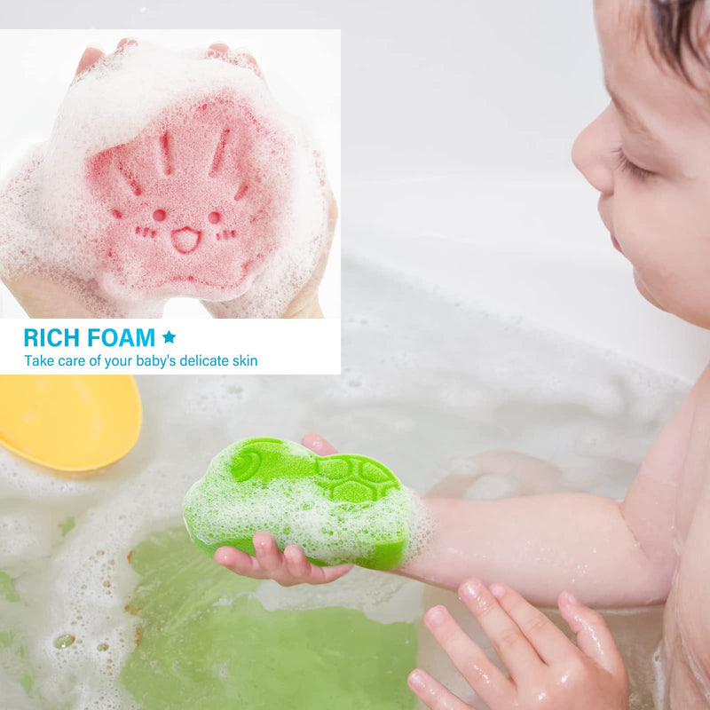 [Australia] - Baby Bath Sponge, Natural Cute Shapes Soft Shower Sponges for Bathing, Bathtub Foam for Infants and Toddler, 3pcs : Blue Dolphin, Pink Shell, Green Turtle 