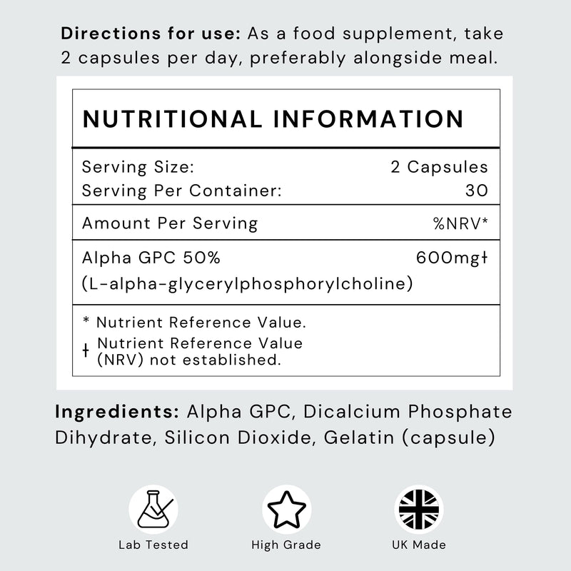 Alpha GPC Choline Supplement 600mg per Serving (High Strength) Cognitive Supplements for Memory, Mood & Motivation - Lab Tested, Non-GMO, Nootropic for Brain Made in the UK (60 300mg Capsules)