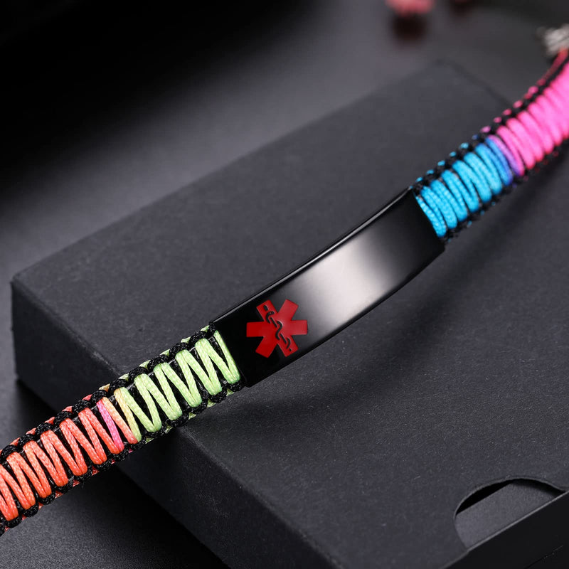[Australia] - Medical Alert Bracelet for Women | T1D T2D Diabetes Epilepsy Medical Alert ID Emergency Bracelet for Girls & Boys | Handmade Nylon Rope Braided Bracelets, Adjustable Black+Rainbow A_Blood Thinner 