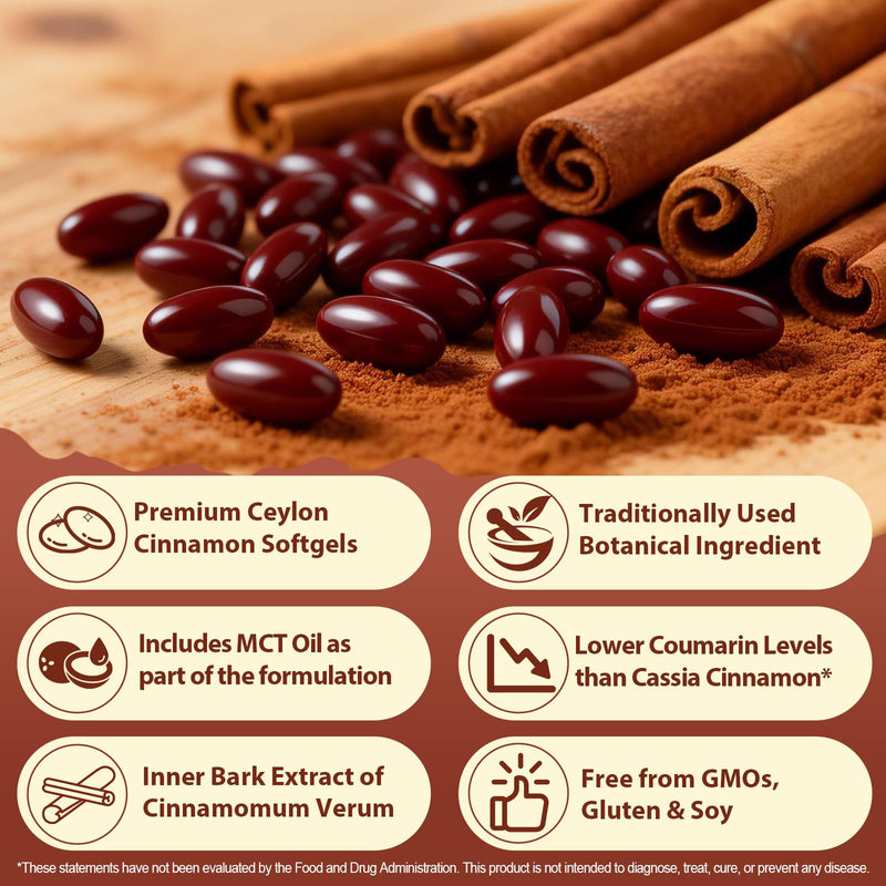 Ceylon Cinnamon Softgels with MCT Oil – 600mg Cinnamomum Verum Extract, High Absorption Formula for Daily Wellness Support – Antioxidant & Digestive Comfort – Non-GMO, Gluten-Free – 120 Softgels