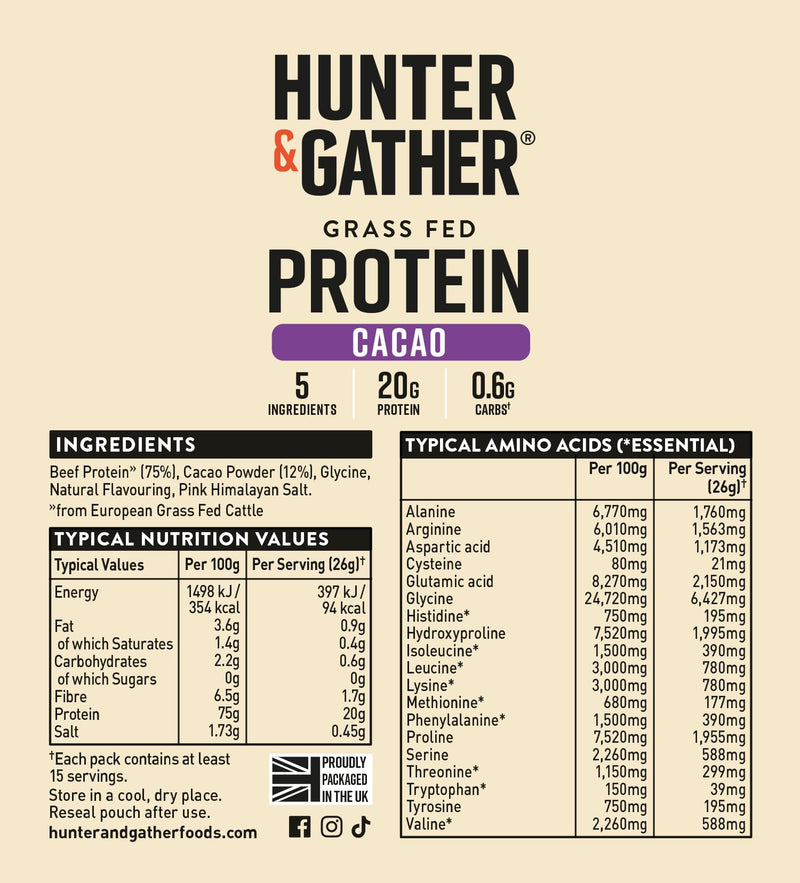 Hunter & Gather Cacao Grass Fed Beef Protein Powder 400g | 20g Protein per Serving | No Artificial Sweeteners or Fillers | Lean Muscle Growth | Dairy Free | Naturally Easy to Digest