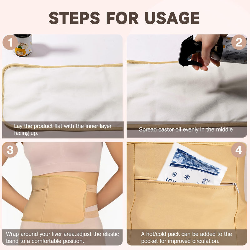 [Australia] - 3Pcs Castor Oil Pack Wrap, Reusable Organic Castor Oil Pack for Liver Detox Insomnia, Constipation and Inflammation, Adjustable Elastic Strap Bamboo Cotton Machine Washable, Less Mess Anti Oil Leak Khaki 