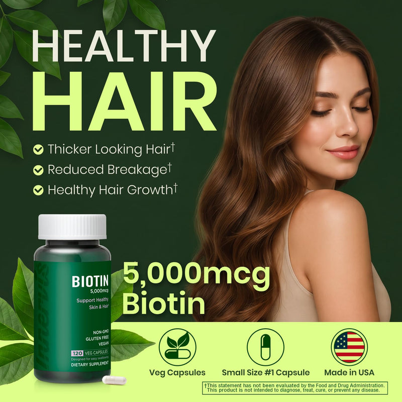 High Potency Biotin 5000mcg – Supports Hair, Skin & Nail Health, 120 Veggie Capsules
