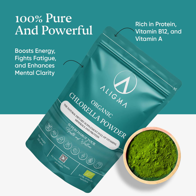 Aligma Organic Chlorella Powder 250g for Immune System Booster, Super Greens Powder, Natural Source of Vegan Protein, Minerals & Vitamins | Resealable Package