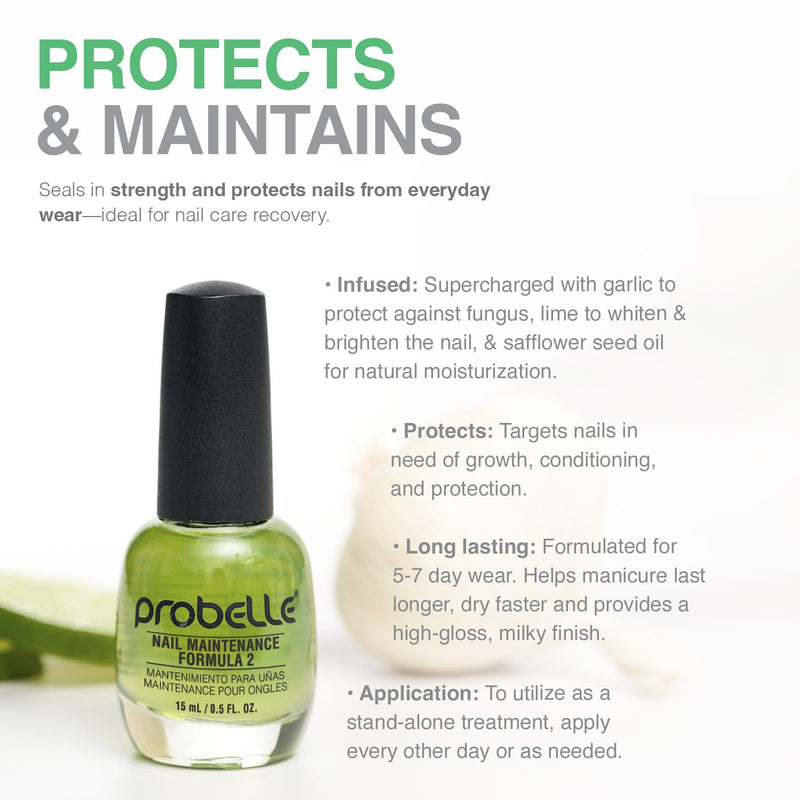 Probelle Nail Maintenance Formula 2, Nail Hardener and Strengthener for soft, brittle, and splitting nails - Reinforces, protects, conditions, strengthens, grows fingernails 5 fl oz/ 15 mL 0.5 Fl Oz (Pack of 1)