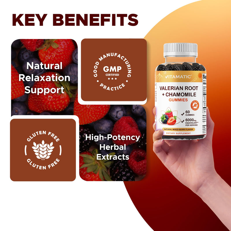 [Australia] - Vitamatic Valerian Root Chamomile Gummies ‚Äì 6000 mg Equivalent Per Serving ‚Äì Mixed Berry Flavor ‚Äì 60 Gummies ‚Äì Non-GMO, Gluten-Free ‚Äì 30 Servings 