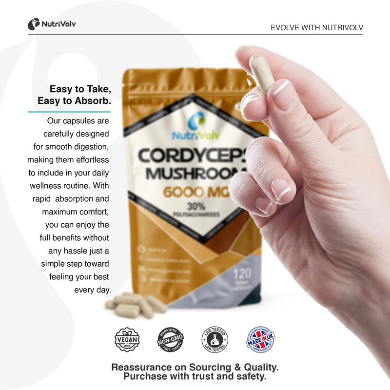 Cordyceps 6000mg | 120 Capsules | Vegan | 10:1 Cordyceps Mushroom Extract | Performance Supplement for Energy, Vitality & Immune Support | Rich in Polysaccharides | No Additives | Non-GMO 120 count (Pack of 1)