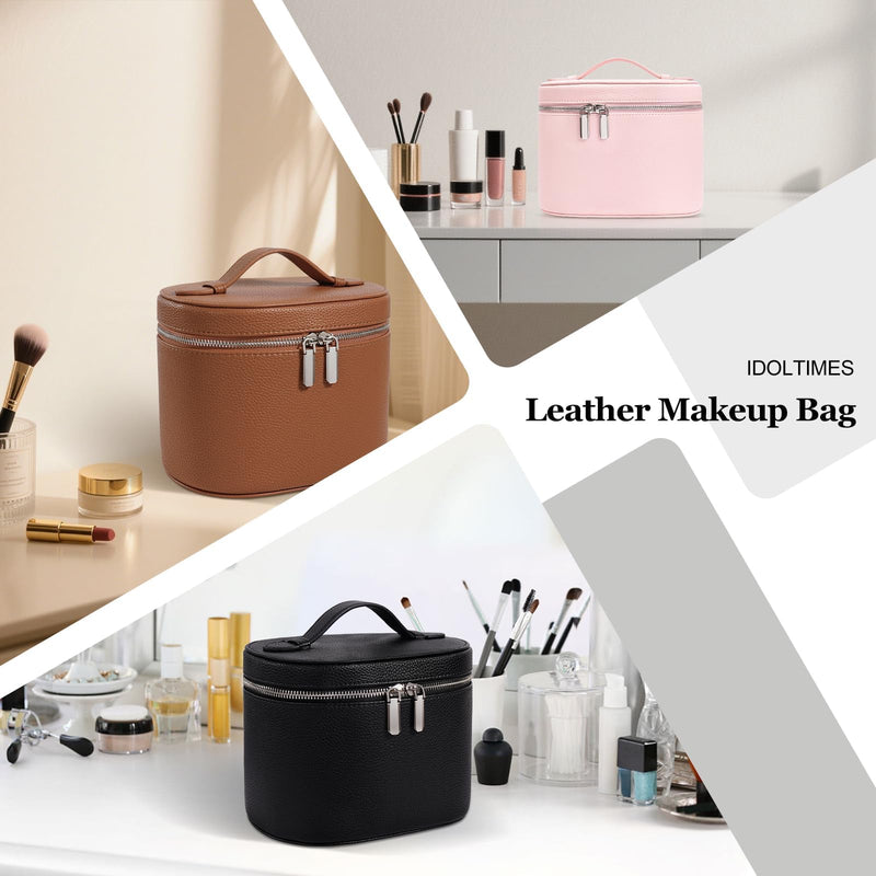 Cosmetic Case, Leather Makeup Bag, Portable Handheld Makeup Case, Detachable Compartments Coffee M(8*5.5*6in)