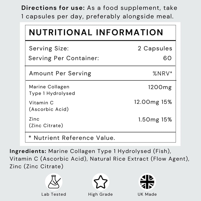 Marine Collagen Capsules 1200mg Serving with VIT C (12mg) and Zinc (1.5mg) - Made in the UK - Type 1 Hydrolysed Marine Collagen Supplements for Women & Men - 100% Pure, Premium Type 1-60 Day Supply