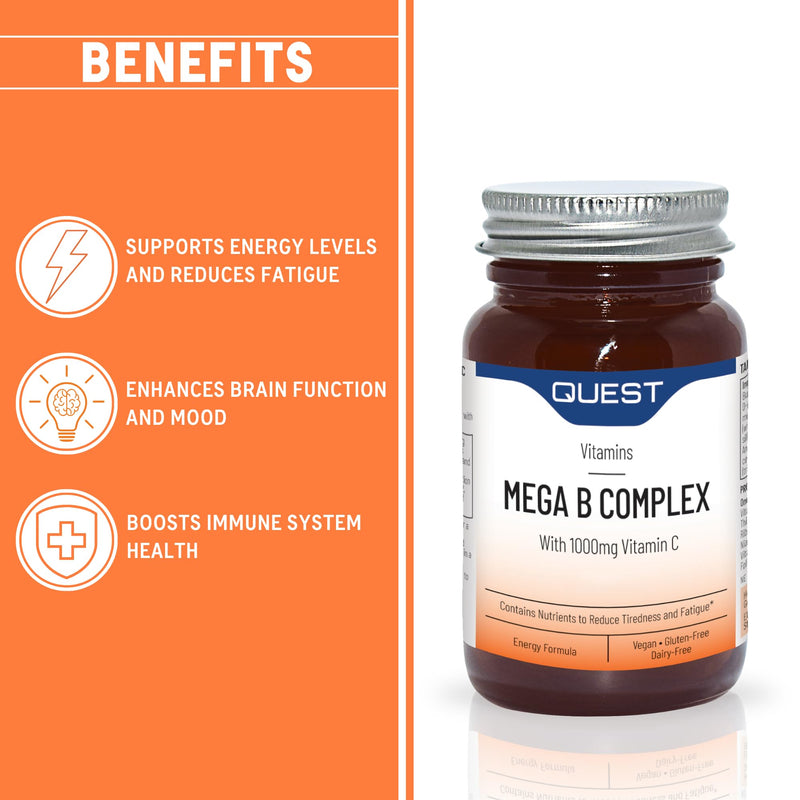Quest - 60x Mega Vitamin B Complex Tablets. High Strength Vitamin B1-B2-B3-B6-B12, Biotin & C Supports Energy Production, Stress Response, Immune System & Brain Function (1 Pack) 60 count (Pack of 1)