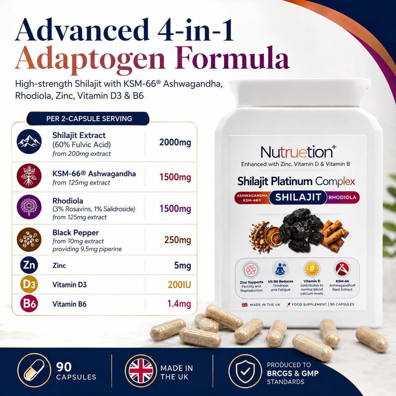 Shilajit Platinum Complex 2000mg with 60% Fulvic Acid, KSM-66® Ashwagandha, Rhodiola, Zinc, Vitamin D3 & B6 | Black Pepper | 90 Vegetarian Capsules | UK Made