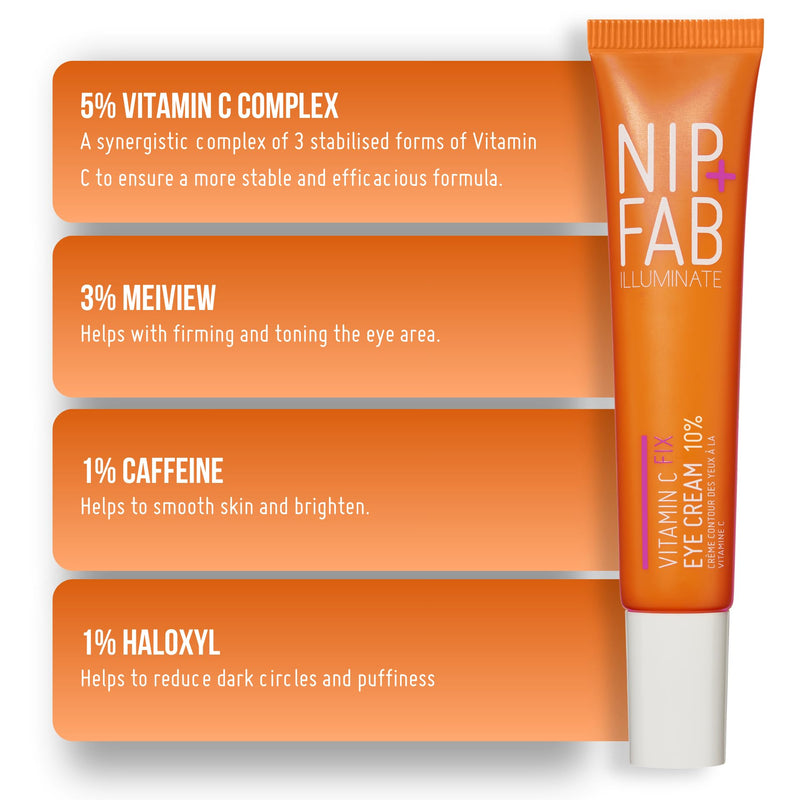 Nip+Fab Vitamin C Fix Eye Cream 10% 0.5 fl oz | with Peptides, Caffeine and Niacinamide for Smoother, Brighter Under Eye Skin | 3 Forms of Vitamin C
