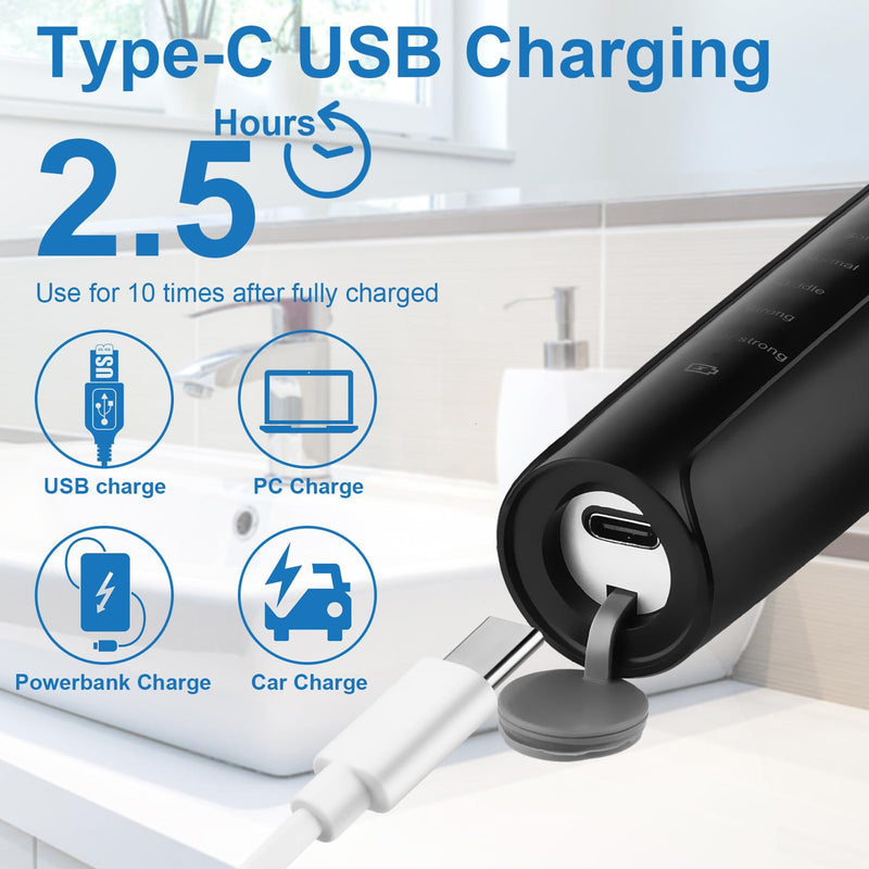 [Australia] - Tooth Polisher - SIQUER Plaque Remover for Teeth Whitening Dental Tools Electric Tartar Polishing Teeth Cleaning Kit with LED Light 5 Speed Modes with 5 Replacement Brush Heads (Black) Black 