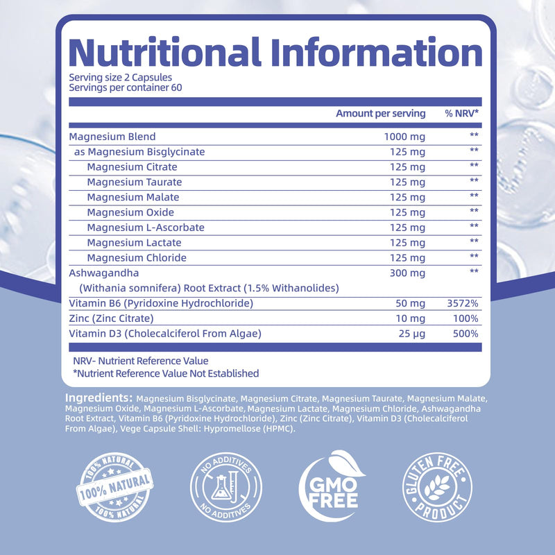 Magnesium Complex 8-in-1, Magnesium Glycinate Supplements with Bisglycinate, Citrate, Taurate 1000mg, Added Zinc B6 D3 for Energy, Muscle, Sleep & Nerve Function - High Absorption 120 Vegan Capsules