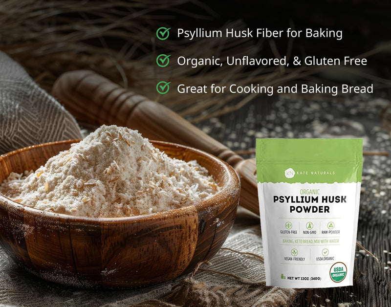 [Australia] - Kate Naturals Psyllium Husk Powder for Baking, Fiber & Digestion. Psyllium Seed Powder for Dogs & Cats (12oz, Organic, Gluten Free, Pet Safe) 