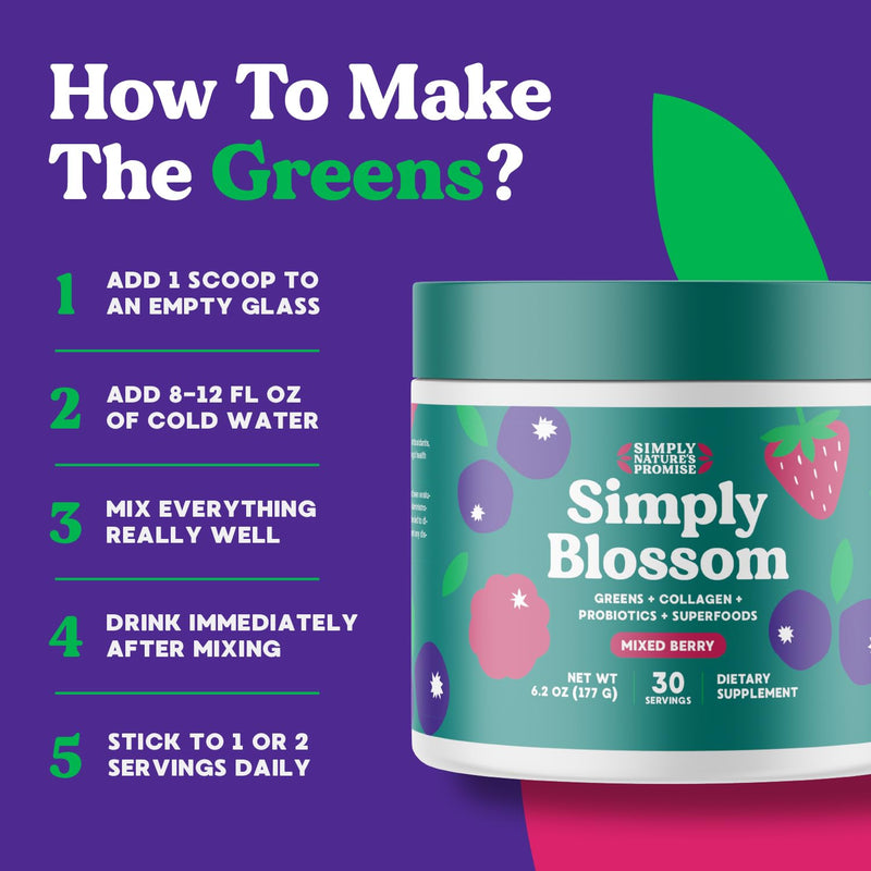 [Australia] - Simply Nature's Promise Blossom Nutrition Daily Greens & Superfood Powder + Collagen + Probiotics for Women's Digestive Health & Bloating Relief. Help Your Health Bloom - 30 Day Supply 