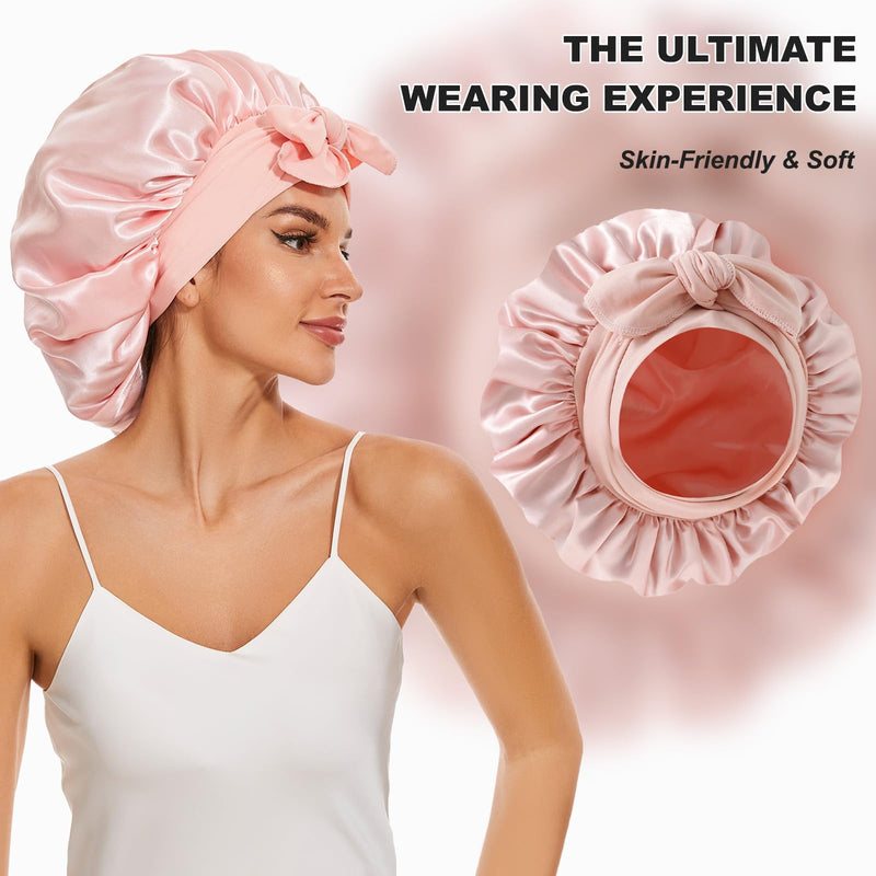 [Australia] - Large Silk Bonnet for Sleeping, Satin Hair Bonnet for Sleeping with Tie Band, Double Layer Satin Bonnets for Women Natural Curly Hair Shower cap Sakura Pink 