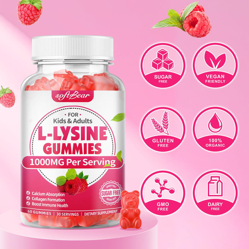 [Australia] - softbear L-Lysine Gummies for Adults & Kids, L Lysine 1000mg Chewable Lysine Supplement for Lips & Oral Health, Immune & Collagen Support, Vegan, Non GMO, Gluten-Free, Raspberry Flavor 60 Count 60 Count (Pack of 1) 