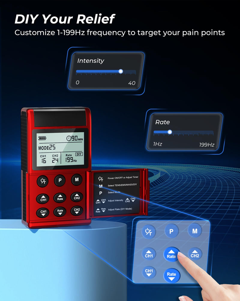 TENS Unit Muscle Stimulator, Rate DIY 1-199Hz, Model B2501 | A/B Channel TENS Machine, 40 Intensities for Back Sciatica Pain Relief, Storage Case, 12 Pads, Home Travel Gift for Dad Mom Red