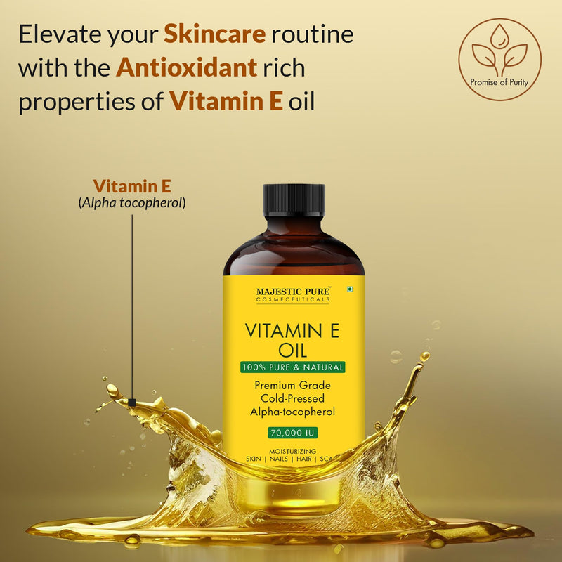 Majestic Pure Vitamin E Oil 100% Pure & Natural Body Oil - 4 Fl Oz | Ideal for Skin, Nails, Face Oil, Hair Oil - 70,000 IU- Cold Pressed Hexane Free Non-GMO Gluten Free Formula 4 Fl Oz (Pack of 1)