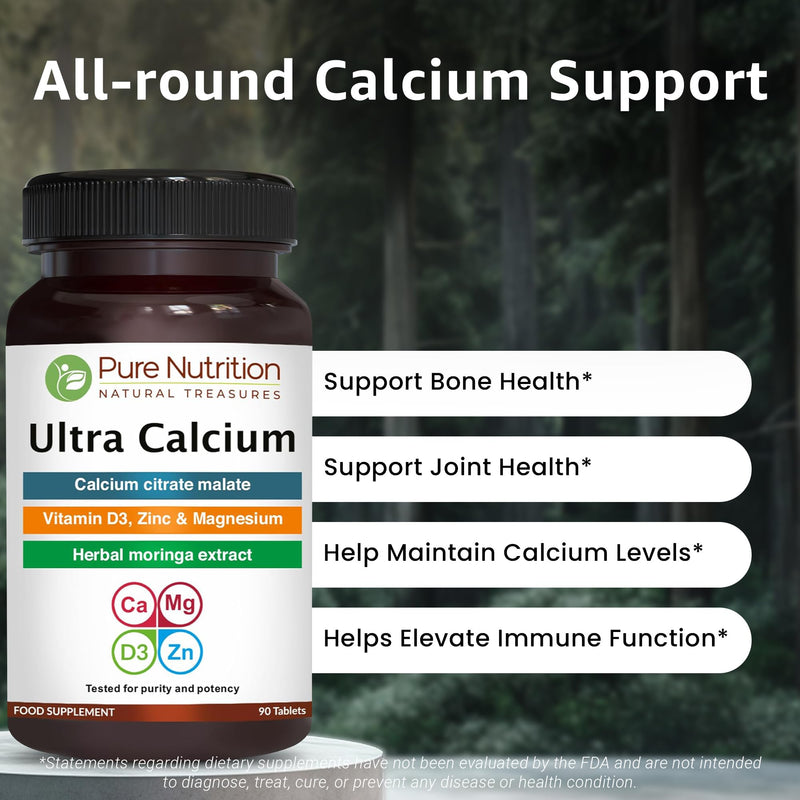 Pure Nutrition Ultra Calcium 1000mg with VIT D3 + K | 90 Tab X Pack of 2 (180 Tabs) | Highly absorbable Calcium Supplement with Calcium Citrate Malate, VIT D3, K