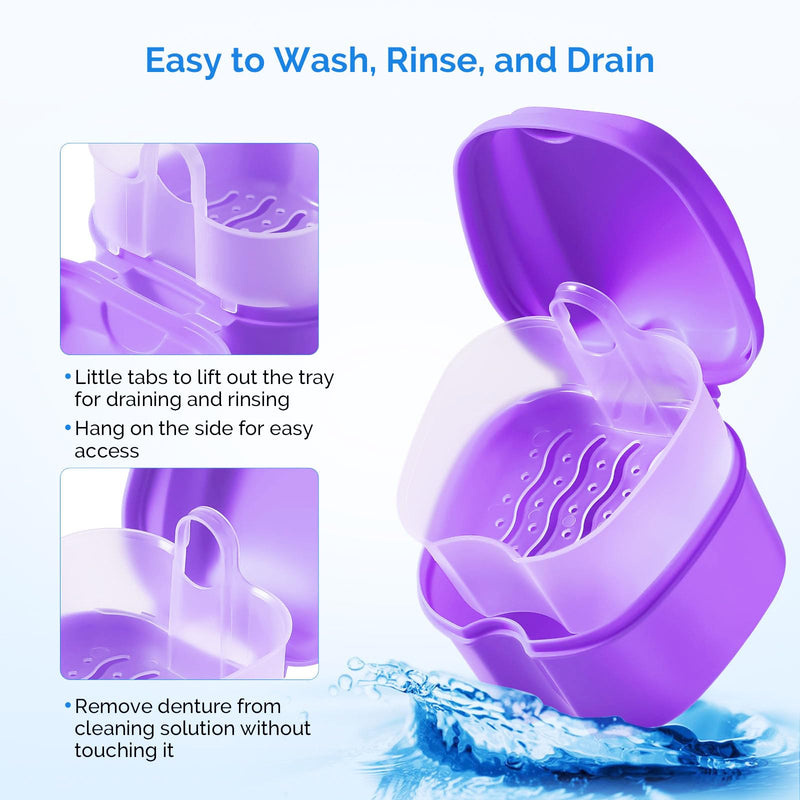 [Australia] - JMU Denture Bath Case, Denture Cup for Soaking Dentures with Strainer Basket Tray for Dentures, Mouth Guard Storage Case, Purple 