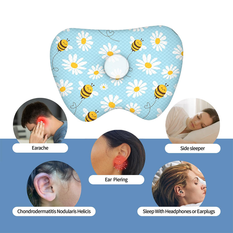 Ear Piercing Pillow with Ear Hole for Side Sleeper Relief Ear Pain,Cotton and Polyester Ear Pillows,Washable Ear Guard Pillow Bee 17.5"x12.6"