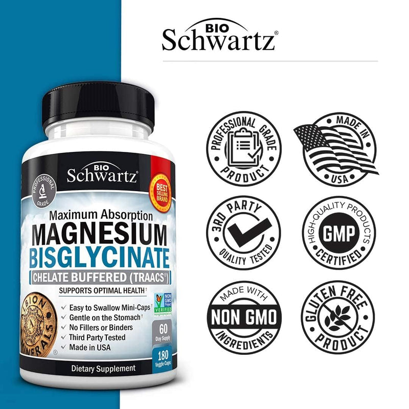 [Australia] - Magnesium Bisglycinate 100% Chelate No-Laxative Effect - Maximum Absorption Magnesium Supplement - Fully Reacted & Buffered for Energy Muscle Bone & Joint Support - Non-GMO Project Verified -180ct 180 Count (Pack of 1) 