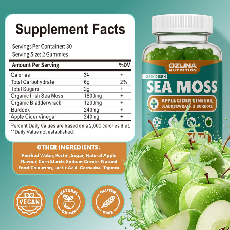 Sea Moss Gummies with Apple Cider Vinegar, Bladderwrack & Burdock | 60 Vegan Gummies | Green Apple Flavour | Irish Sea Moss Gummy | Daily Wellness & Routine Support