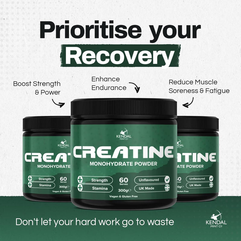 KMC Creatine Monohydrate Powder, 100% Pure UK Made, 300g, 60 Servings, 5g serving, Unflavoured, Easy Mix, Vegan Gluten Free -Supplement for performance, strength workouts & cognition by Kendal Mint Co