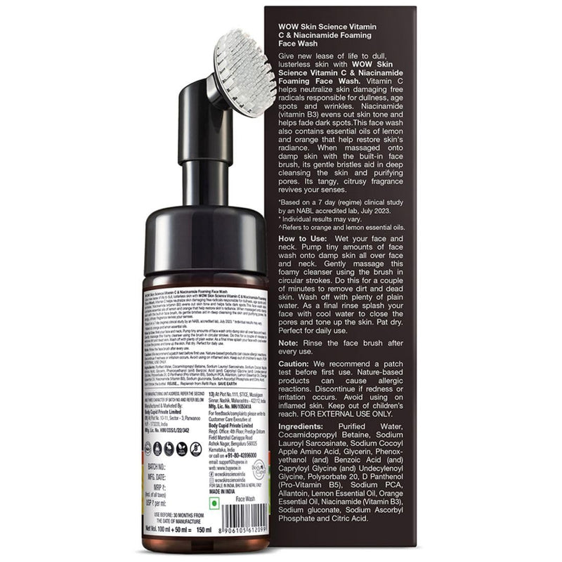 WOW Skin Science Vitamin C Exfoliating Face Wash With Brush, Soft, Silicones Bristles, Foaming Cleanser For All Skin Type, Hydrate For Smooth Skin, Helps Remove Blackheads, Reduce Acne Breakout, 100ml 3.4 Fl Oz (Pack of 1)