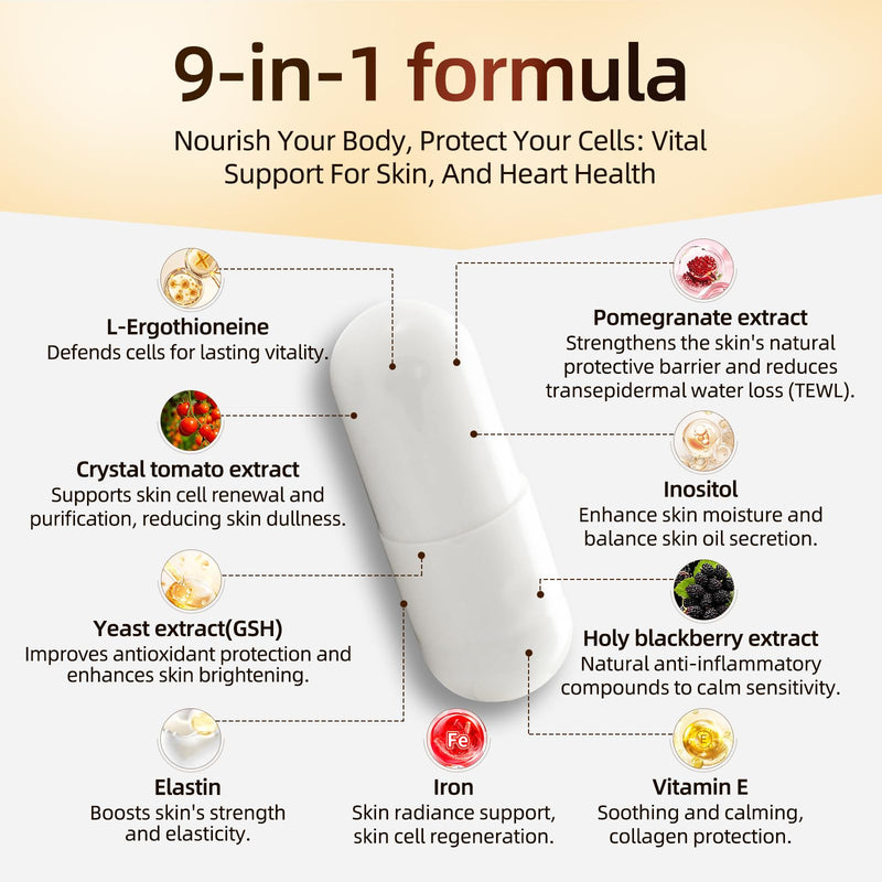 L-Ergothioneine with Iron Supplement for Women | Skin Care, Immune | Extract as Yeast, Crystal Tomato, Pomegranate, Holy Blackberry and Inositol, Elastin, Vitamin E Cognitive Support | 30 Caps 1 Bottle