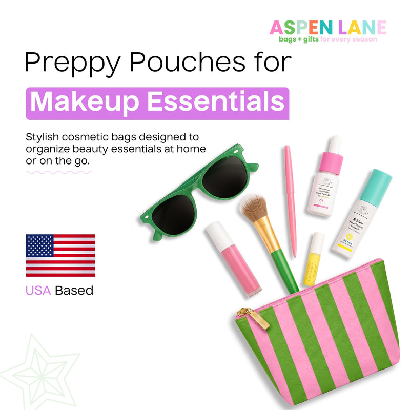 Preppy Stripe Crinkle Makeup Bag Set of 5 Travel Cosmetic Bags | Pink and Green, 6 x 9 x 3 in, Crinkle & stripe design, waterproof fabric, generous capacity, gift for women Green/Pink