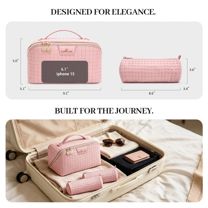 Travel Makeup Bag for Women: 3 Pcs Set Vagen Leather Make up Bag Hand-made | Large Capacity Toiletry Organizer Bag - Waterproof Ladies Travel Flat Open Essentials for Luxury (01Pink) 01Pink Travel Makeup Bag