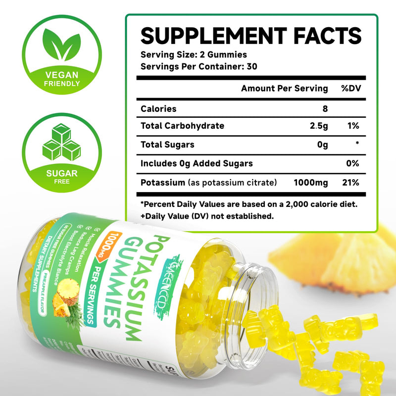 [Australia] - Potassium Citrate Gummies 1000mg, High Potency Potassium Supplement Gummies for Adults Women & Men, Support Leg Cramps & Muscle Health, Sugar-Free, Pineapple Flavor, 60 Count 60 Count (Pack of 1) 