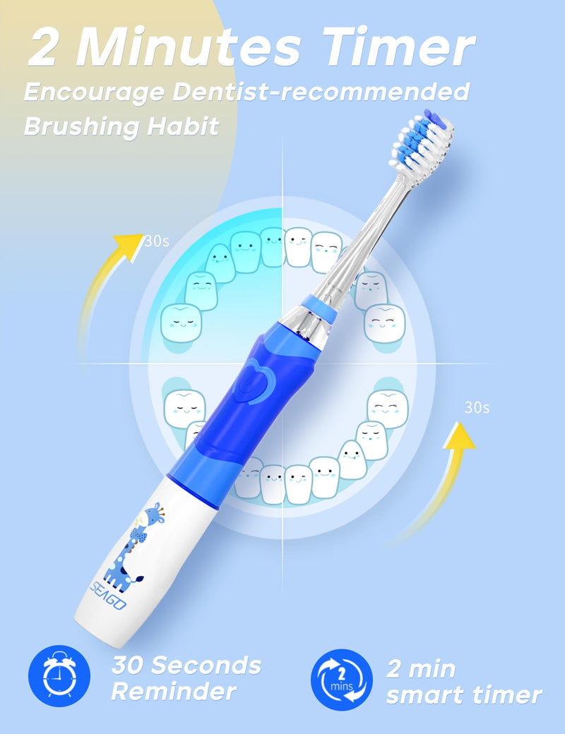 [Australia] - SEAGO Kids Electric Toothbrush with 2 Mins Brushing Timer and 8 Replacement Bursh Heads,Rainbow LED Light Make Brushing Fun, Blue Color Boys Battery Powerd Toothbrush for 4-12 Years Old 