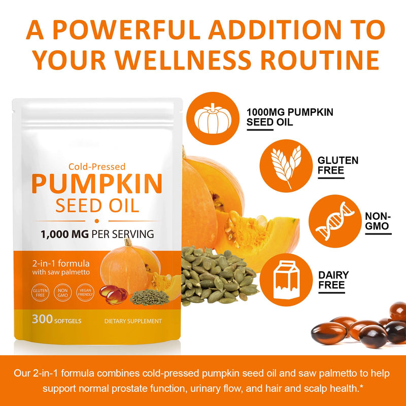 2 in 1 Pumpkin Seed Oil Capsules 300Pcs, Cold Pressed, Non-GMO, Pumpkin Seed Oil Supplement for Prostate Function, Hair Health, Rich in Essential Fatty Acids & Zin